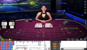 真人百家乐直播桌台，美女荷官发牌场景